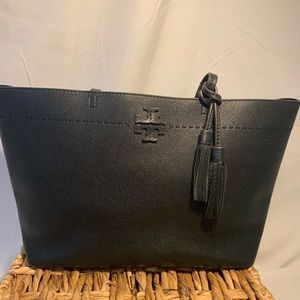 Tory Burch McGraw Black Leather Tote with Tassel